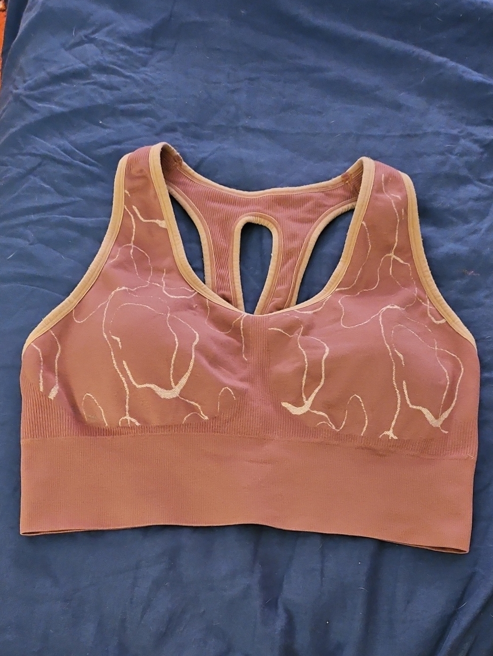 Mauve Sports Bra with Tan Trim and Marbled Detail